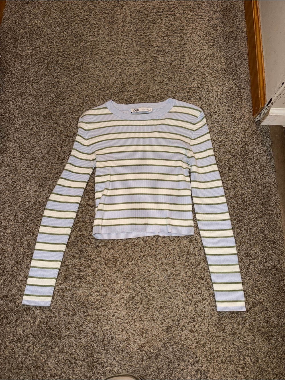 Zara Striped Ribbed Long-Sleeve Top in White, Light Blue & Olive